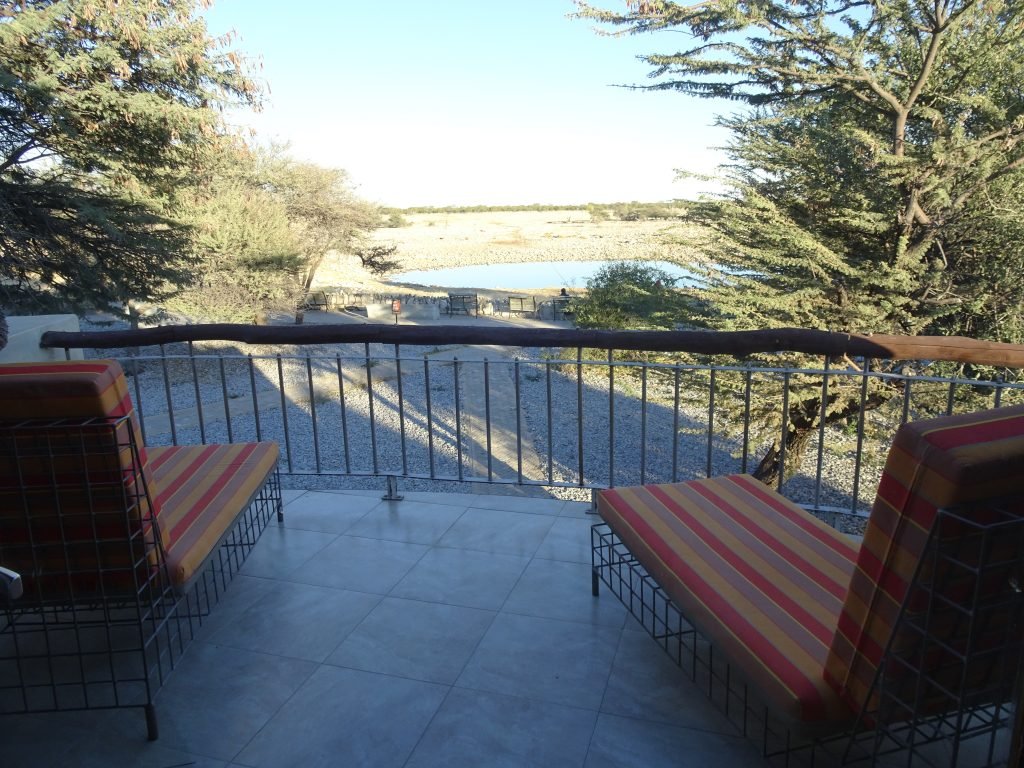 Balcony overlooking the waterhole at Okaukuejo Rest Camp